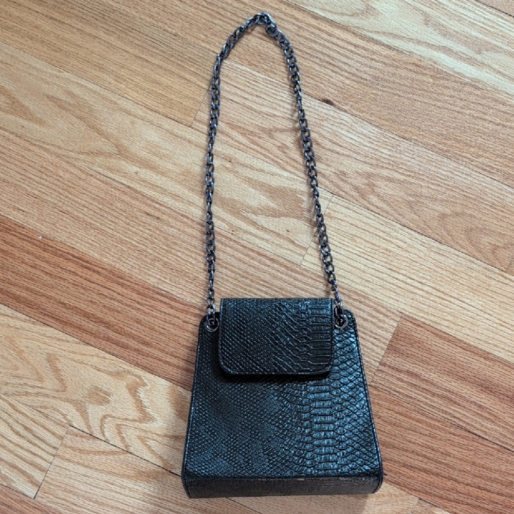 Vegan Snakeskin Black Chain Strap Bag